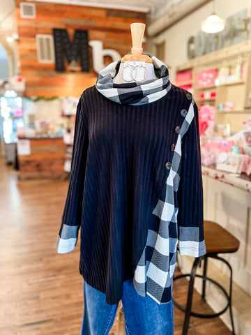 Ali Miles || Angelina Cowl Neck Top - Black/White Plaid