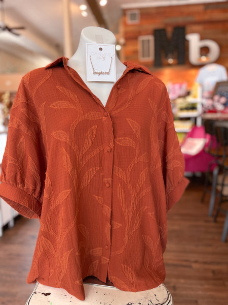 Beverly Jacquard Button Down Blouse ||  Rust