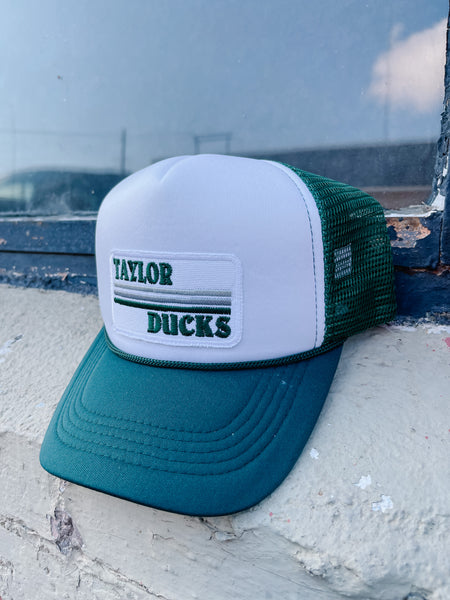 Lucky Spirit Retro Stripe Trucker Hat || Taylor Ducks Emerald on Emerald / White