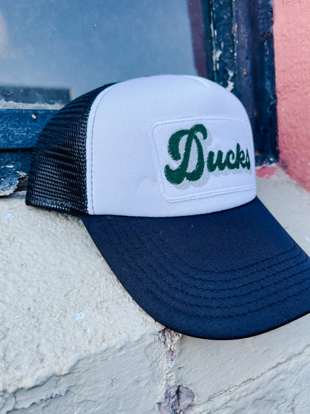 Lucky Spirit Retro Stripe Trucker Hat || Taylor Ducks Emerald on Black / White