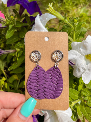 Leopard Stud + Braided Teardrop Earrings || Dark Purple