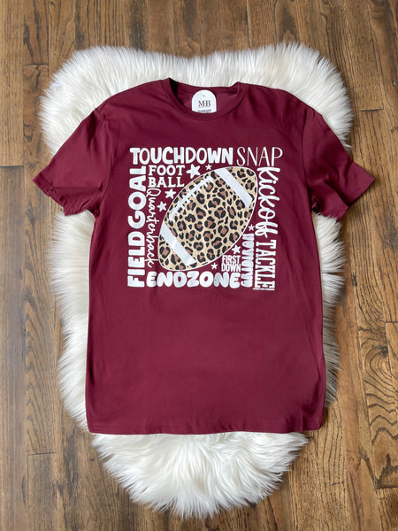 Leopard Football with Scattered Words Tee - Maroon