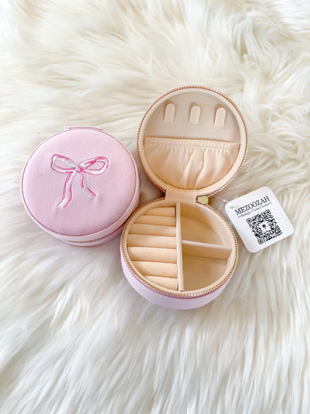 Round Velvet Jewelry Case || Bow Pink