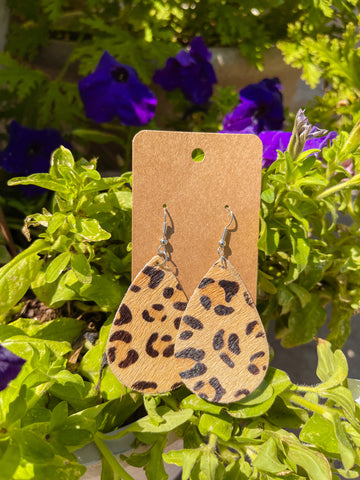 Faux Hide Leopard Tear Drop Earrings || Tan