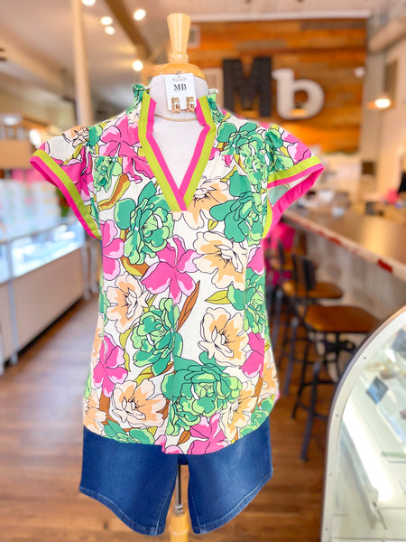 Lillian Floral V-Neck Blouse with Contrast Trim