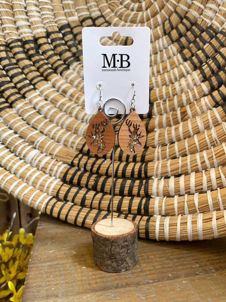 Teardrop Wood + Deer Cutout Earrings || Green + Taupe Glitter