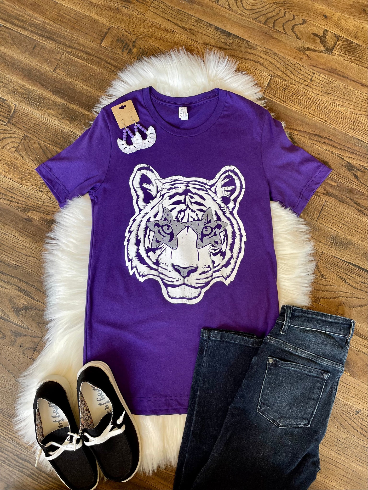 Face Mascot School Spirit Tee || Tiger on Purple