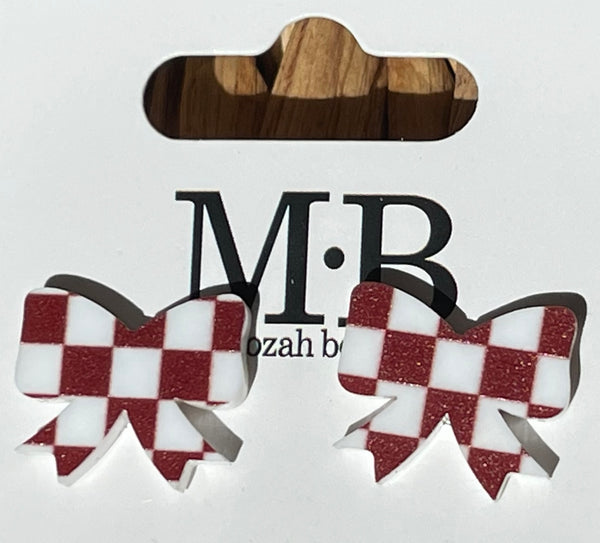 Checkered Bow Earrings || Maroon