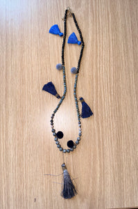 Beaded Necklace with Blue Tassels