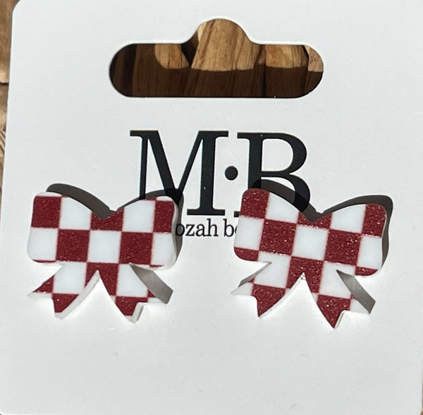 Checkered Bow Earrings || Maroon