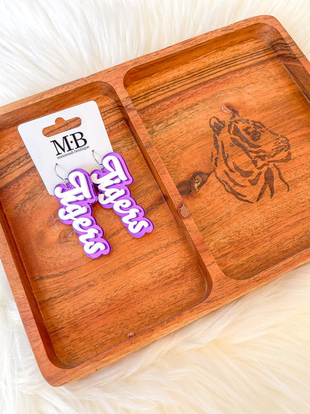 Team Spirit Script Earrings || Purple/White Tigers