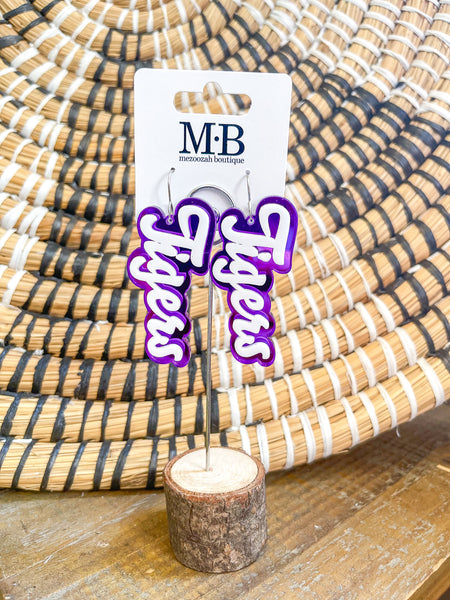 Team Spirit Script Earrings || Purple/White Tigers