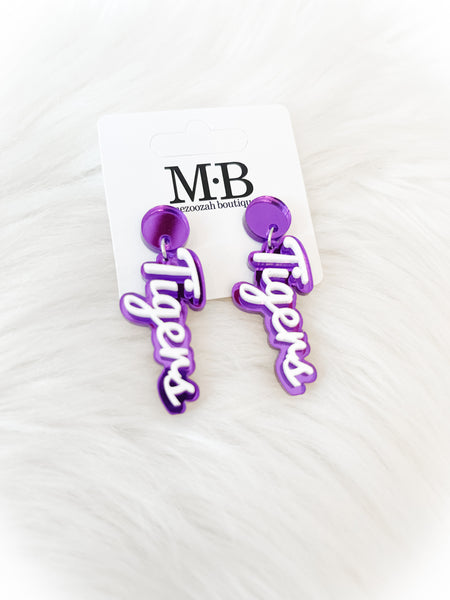 Team Spirit Script Earrings || Purple/White Tigers