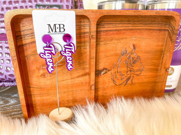Team Spirit Script Earrings || Purple/White Tigers