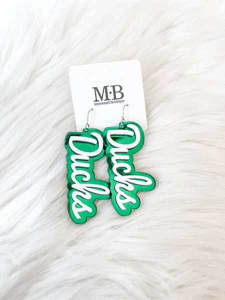 Team Spirit Script Earrings || Green/White Ducks