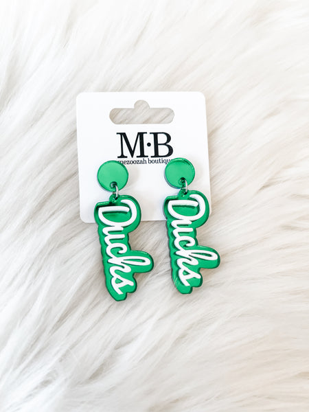 Team Spirit Script Earrings || Green/White Ducks