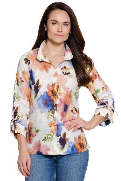 JOHN MARK || JEWEL LINEN WATERCOLOR FLORAL BLOUSE