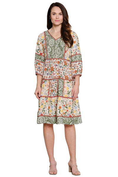 JOHN MARK || JULIETTE MIX PRINT TIERED DRESS WITH SMOCKED PLACKET