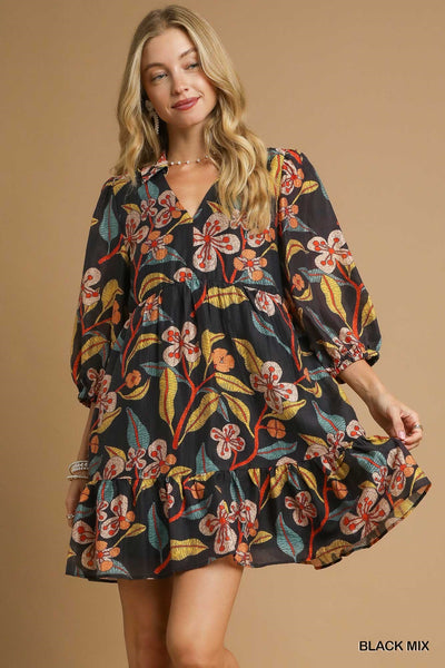 Amberly Floral Ruffle Mini Dress || Black Mix