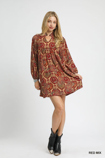 Shelley Boho Mix Paisley Babydoll Dress || Red Mix