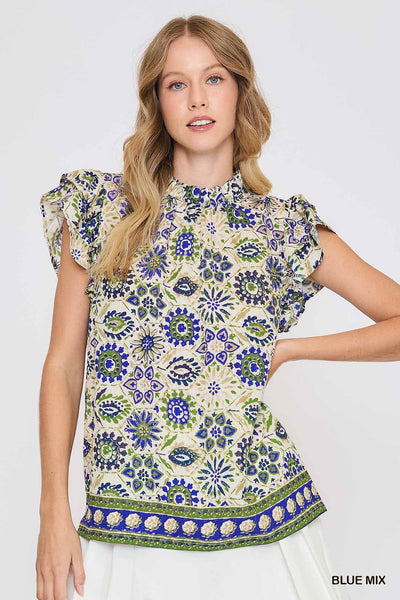 Trina Floral Border Print Top || Blue