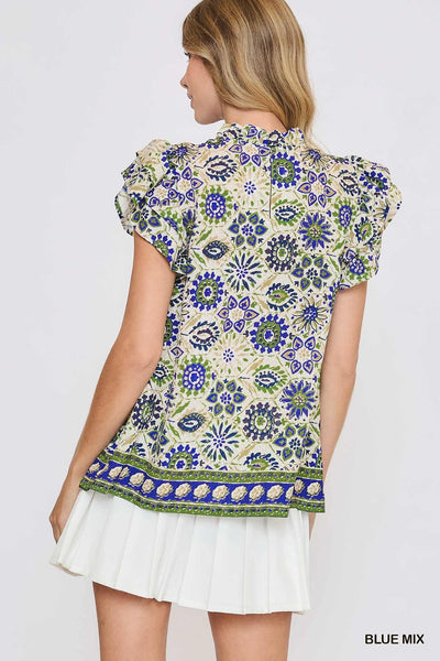 Trina Floral Border Print Top || Blue