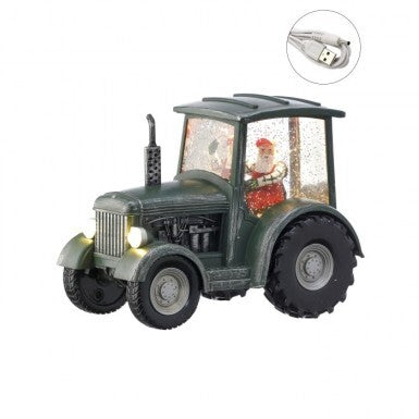 9" LED Santa in Green Tractor Water Globe