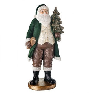 13" Resin Santa w/Flocked Coat & Tree