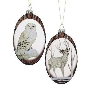 5.5" Glass Wood Disc Owl / Deer Ornament