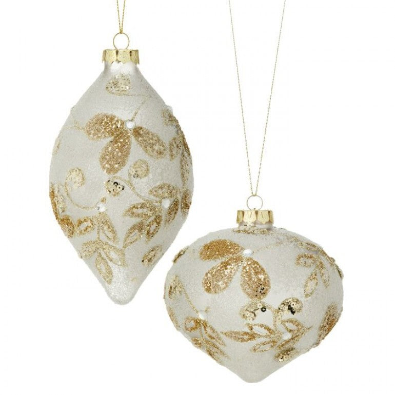 4-6" Glitter & Jeweled Ivory & Gold Ornament