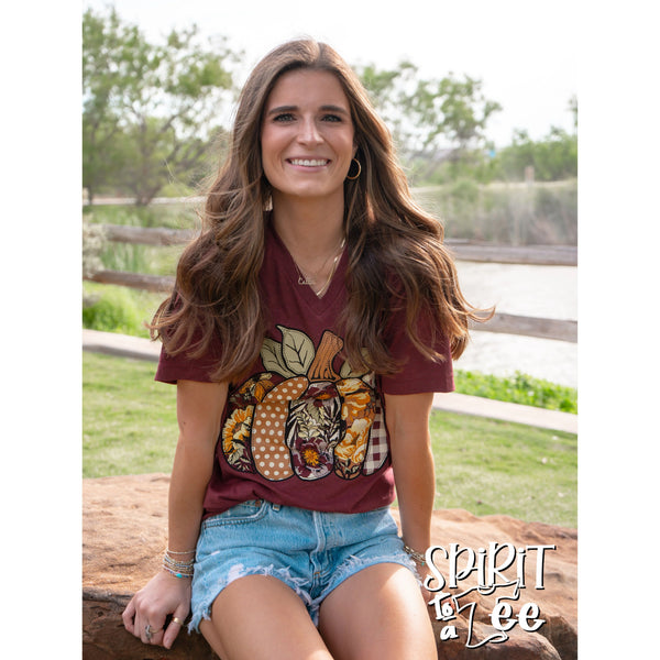 Floral & Patterned Pumpkin V-Neck Tee