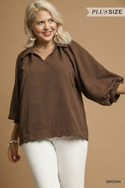 Elaina Brown Textured V-Neck Blouse