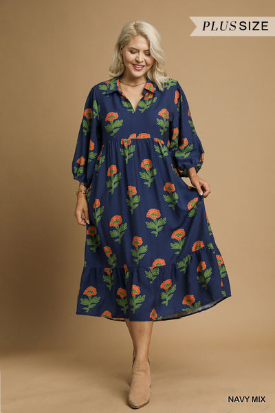 Christine Floral Print Midi Dress || Navy Mix