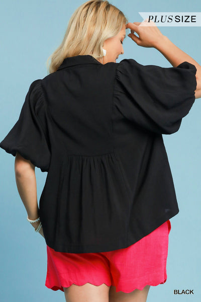 Gayle Bubble Sleeve Top with Front Yoke || Black