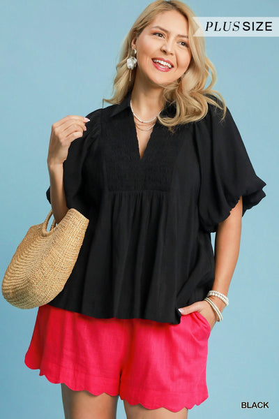 Gayle Bubble Sleeve Top with Front Yoke || Black