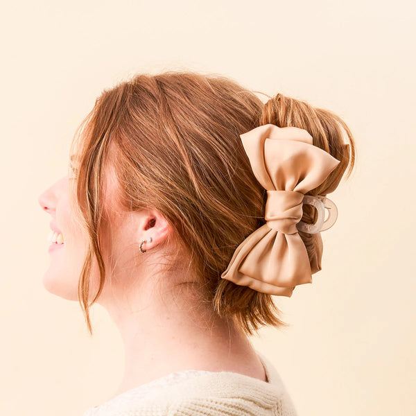 Satin Bow Claw Clip || Beige