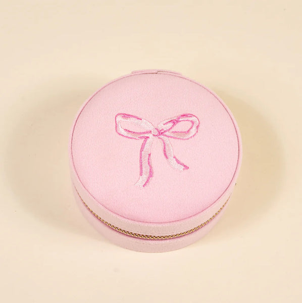 Round Velvet Jewelry Case || Bow Pink