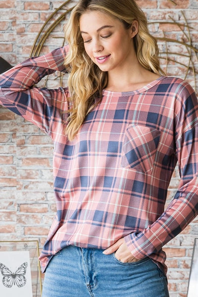 Heidi Long Sleeve Plaid Top with Front Pocket