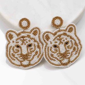 Tiger Face Beaded Earrings White / Gold 2"