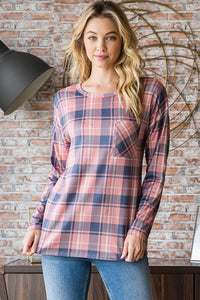 Heidi Long Sleeve Plaid Top with Front Pocket