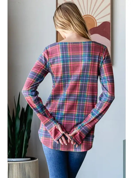 Melissa Navy + Red Plaid Long Sleeve Top with Thumbhole