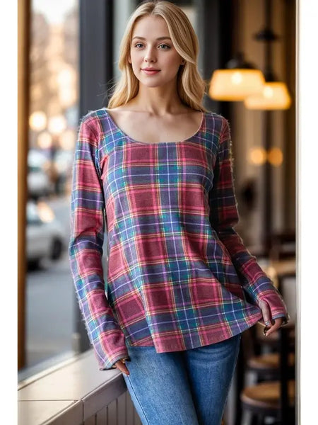 Melissa Navy + Red Plaid Long Sleeve Top with Thumbhole