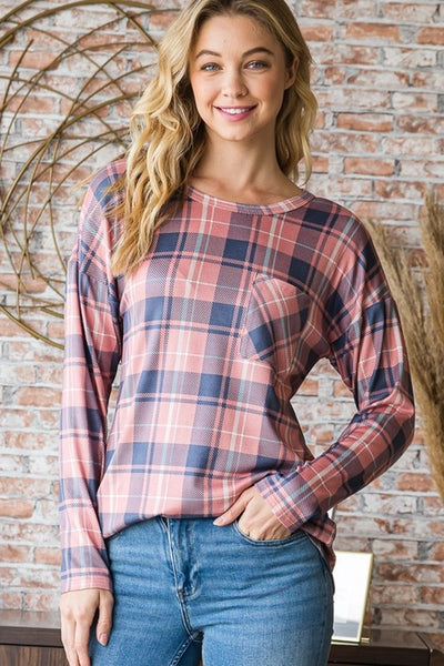 Heidi Long Sleeve Plaid Top with Front Pocket