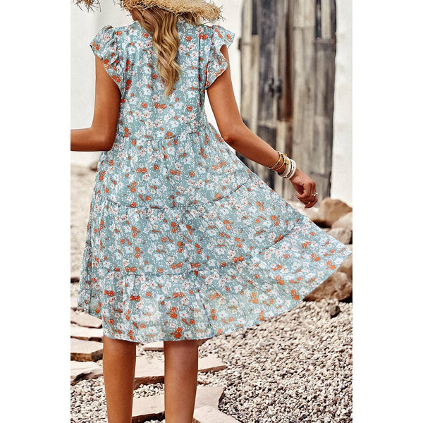 Floral Print V Neck Color Block Ruffle Puff Sleeve Dress