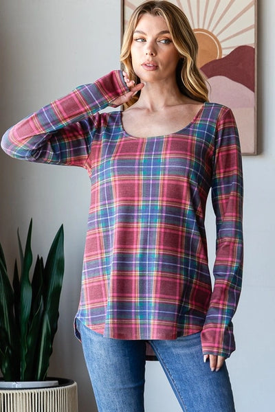 Melissa Navy + Red Plaid Long Sleeve Top with Thumbhole