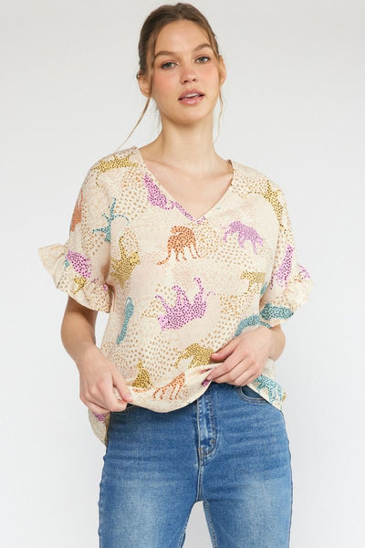 Halley Leopard Print V-Neck Top with Ruffled Sleeves || Cream