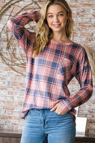 Heidi Long Sleeve Plaid Top with Front Pocket