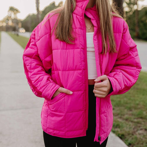 Lightweight Quilted Squares Zipper Jacket || Hot Pink