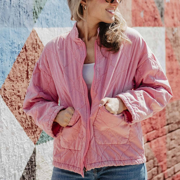 Garment Washed Quilted Jacket Women || Pink