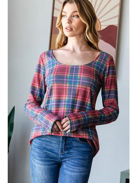 Melissa Navy + Red Plaid Long Sleeve Top with Thumbhole